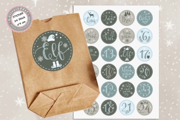 Preview: 24 Stück zuckersüße Adventskalenderaufkleber Sticker winterliche Farben Weihnachten  /4cm rund mit-oder ohne 24 Beutelchen aus Kraftpapier - von Lüttentüddel